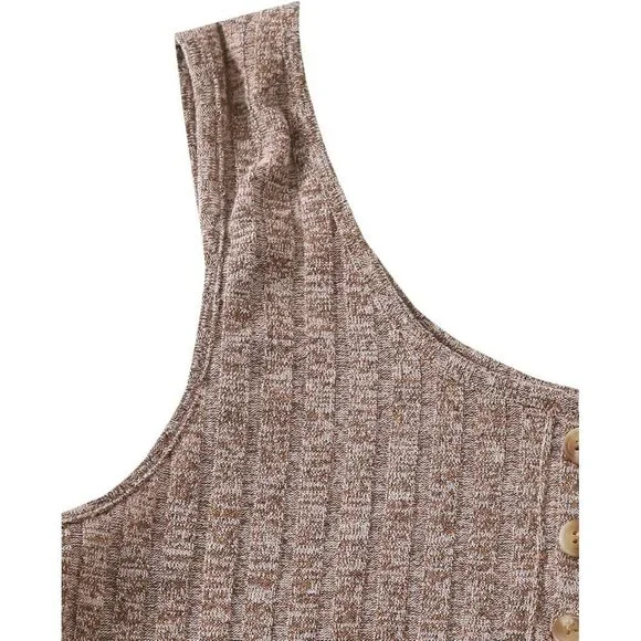 Women Brown Button Front Ribbed Knit Tank Top Shorts Pajama Set Sleepwear Sets